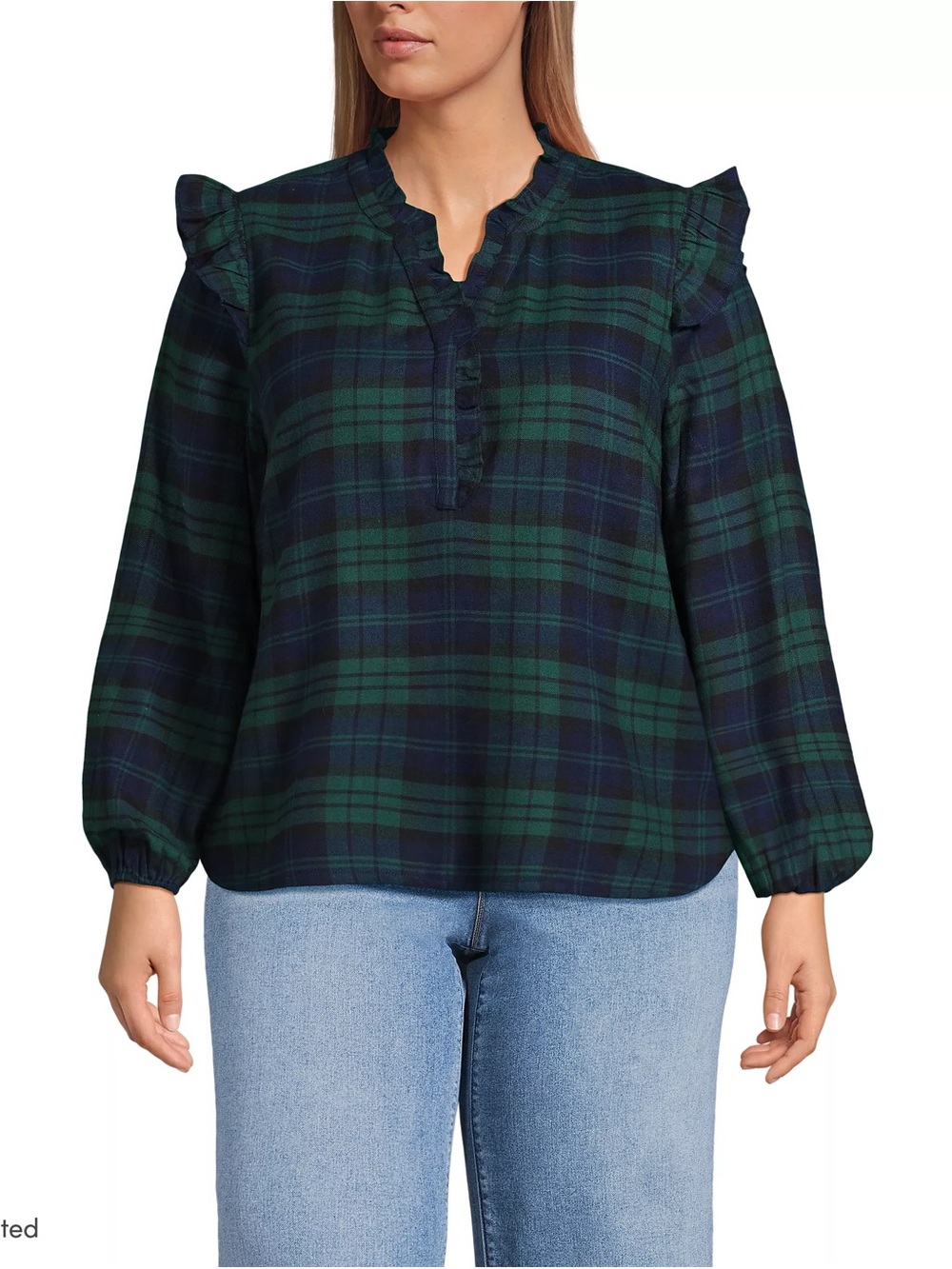 Lands' End | Women's Ruffle Front Flannel Popover Blouse Deep Forest Blackwatch